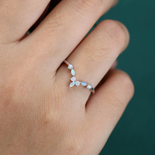 Marquise Moissanite Curved wedding band Vintage Unique white gold art deco wedding band Opal ring Bridal Matching Stacking band Promise ring