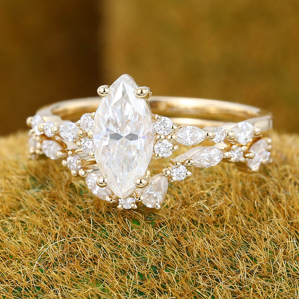 Marquise Moissanite engagement ring set Unique yellow gold engagement ring Vintage Diamond curved ring Art deco Bridal set Wedding Promise ring
