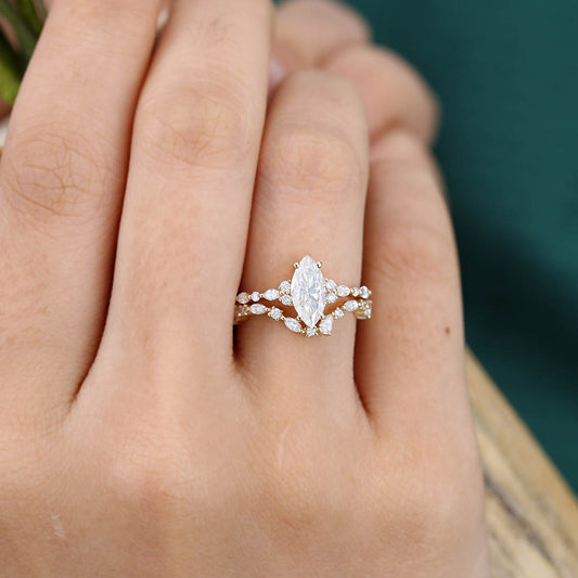 Marquise Moissanite engagement ring set Unique yellow gold engagement ring Vintage Diamond curved ring Art deco Bridal set Wedding Promise ring