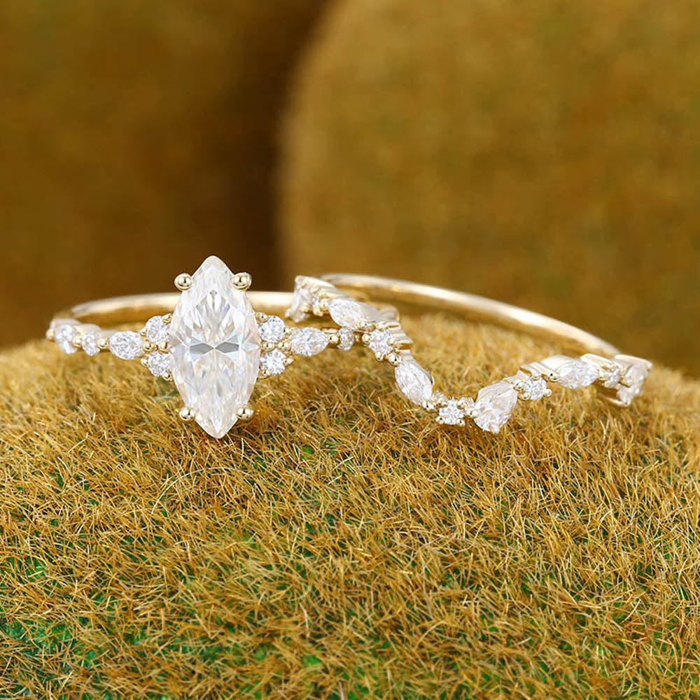 Marquise Moissanite engagement ring set Unique yellow gold engagement ring Vintage Diamond curved ring Art deco Bridal set Wedding Promise ring