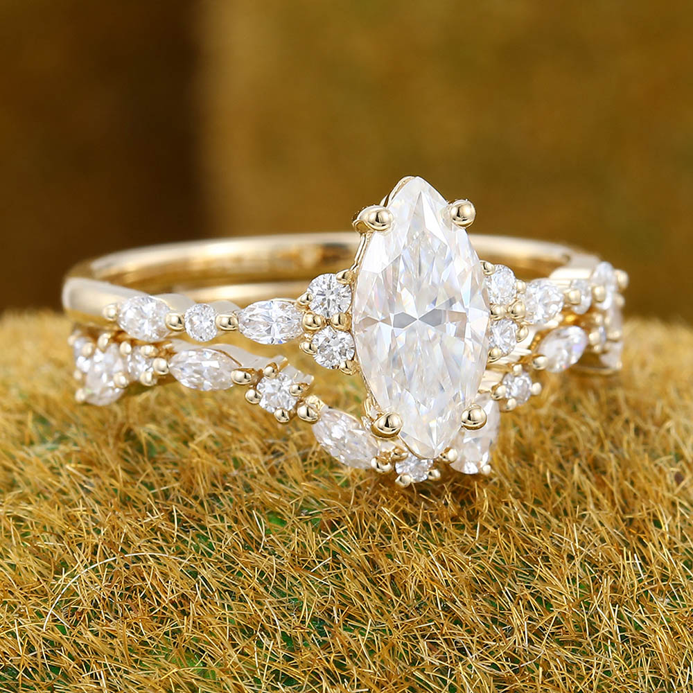Marquise Moissanite engagement ring set Unique yellow gold engagement ring Vintage Diamond curved ring Art deco Bridal set Wedding Promise ring