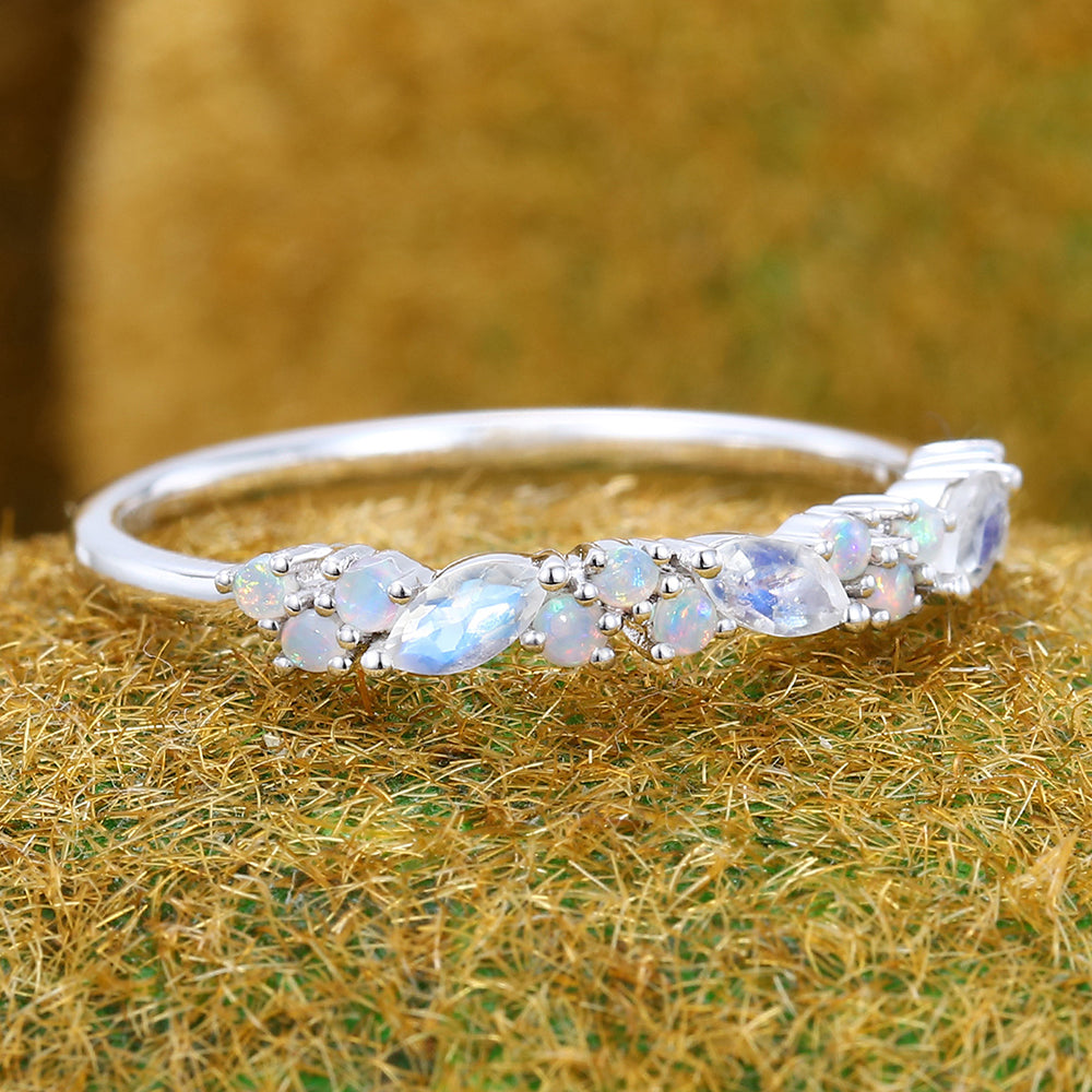 Half Eternity Marquise Moonstone Wedding Band with Petite Opal Accents