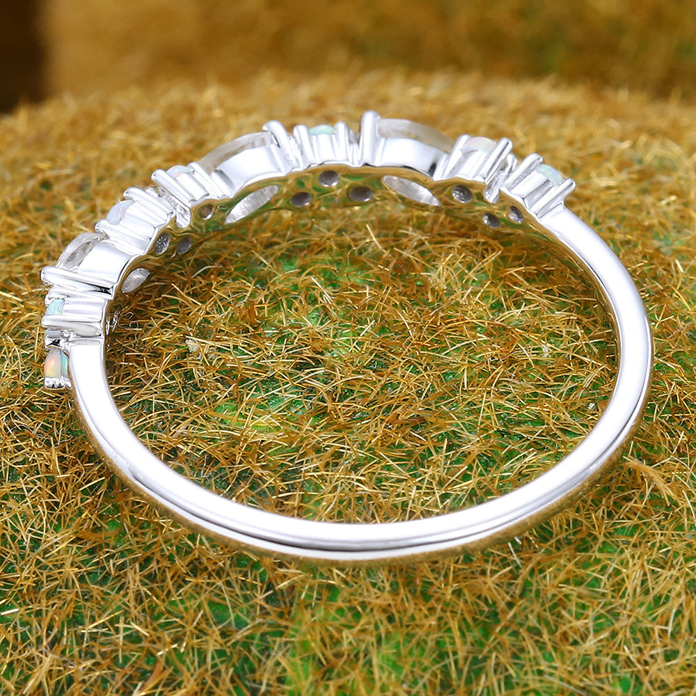 Half Eternity Marquise Moonstone Wedding Band with Petite Opal Accents