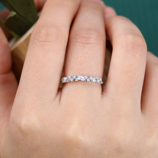 Half Eternity Marquise Moonstone Wedding Band with Petite Opal Accents
