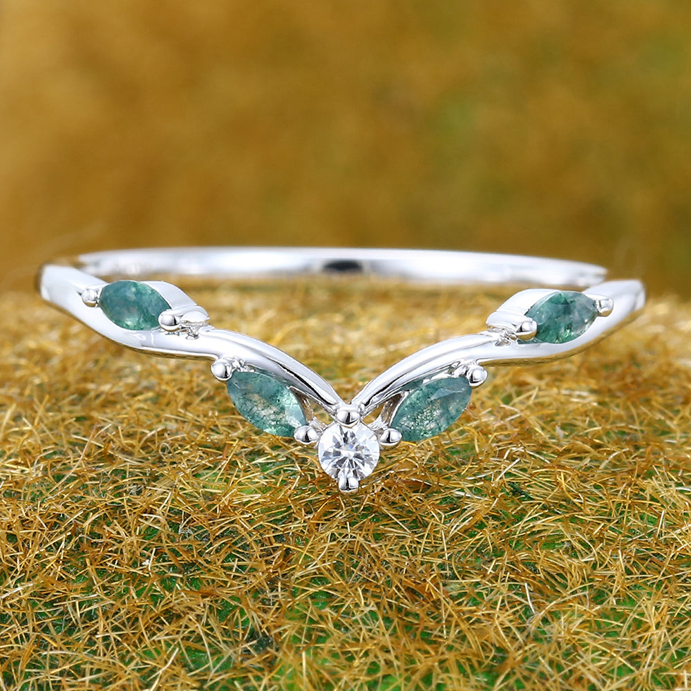 Marquise Moss Agate And Round Moissanite Curved Wedding Band Bridal Stacking Ring
