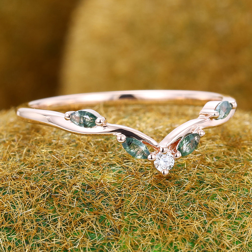 Marquise Moss Agate And Round Moissanite Curved Wedding Band Bridal Stacking Ring