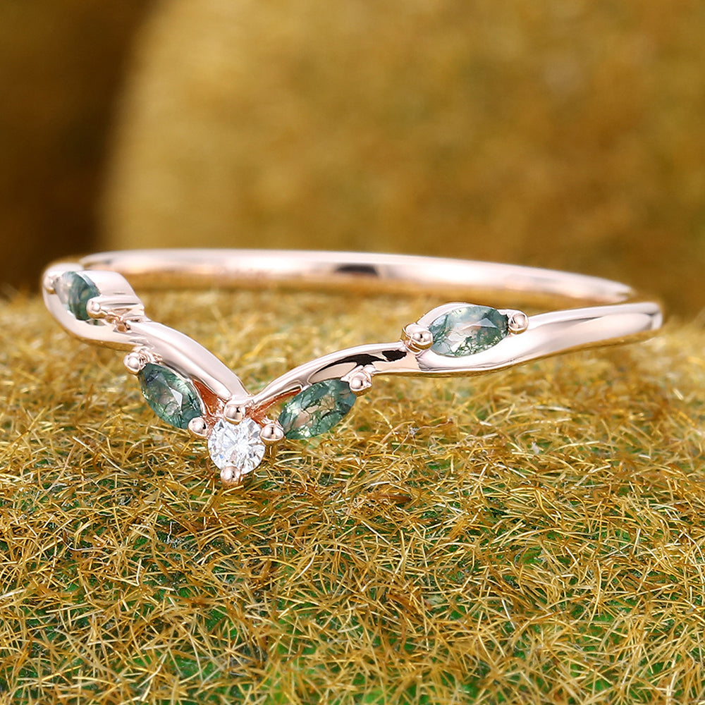 Marquise Moss Agate And Round Moissanite Curved Wedding Band Bridal Stacking Ring