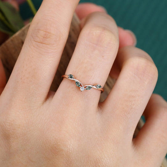 Marquise Moss Agate And Round Moissanite Curved Wedding Band Bridal Stacking Ring