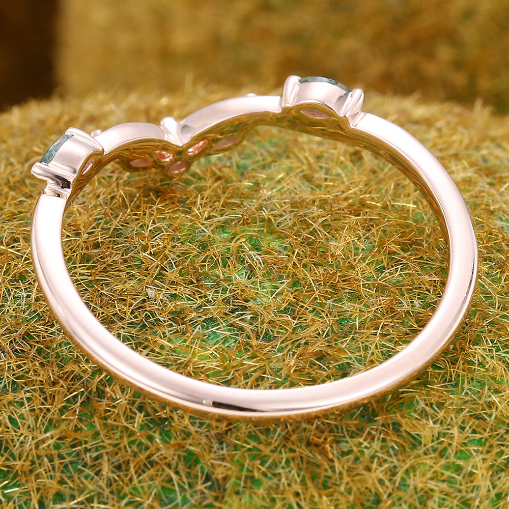 Marquise Moss Agate And Round Moissanite Curved Wedding Band Bridal Stacking Ring
