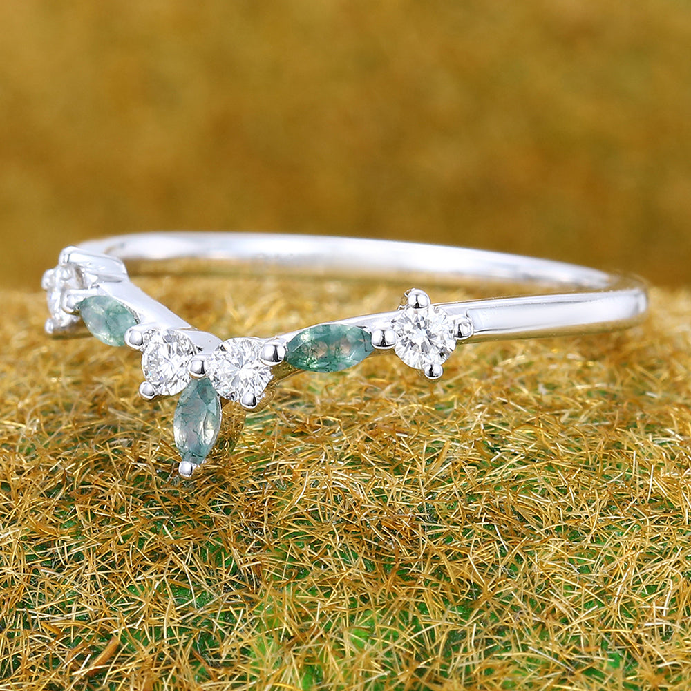Delicate Marquise Moss Agate Curved Wedding Band