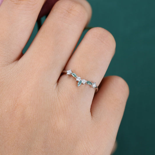 Delicate Marquise Moss Agate Curved Wedding Band
