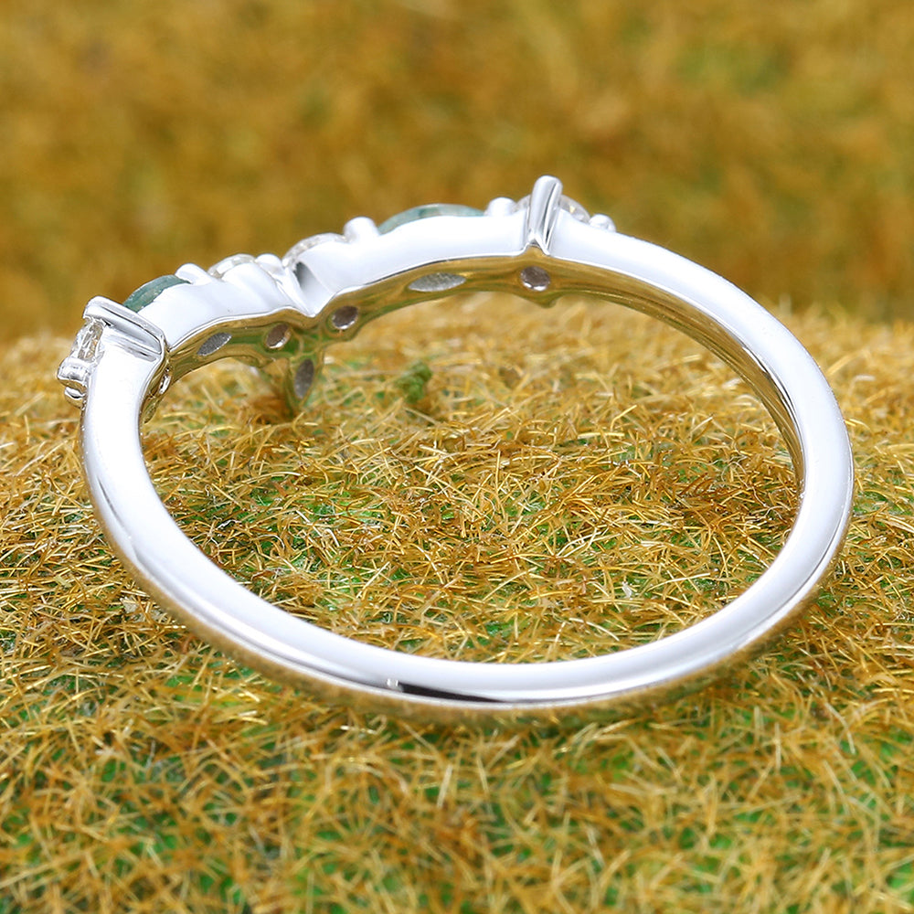 Delicate Marquise Moss Agate Curved Wedding Band