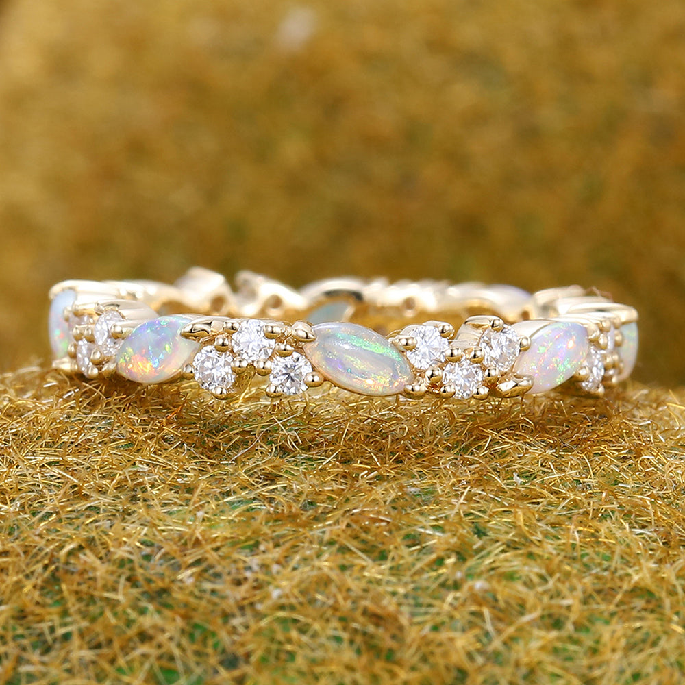 Marquise Opal & Round Moissanite Wedding Band Eternity Ring