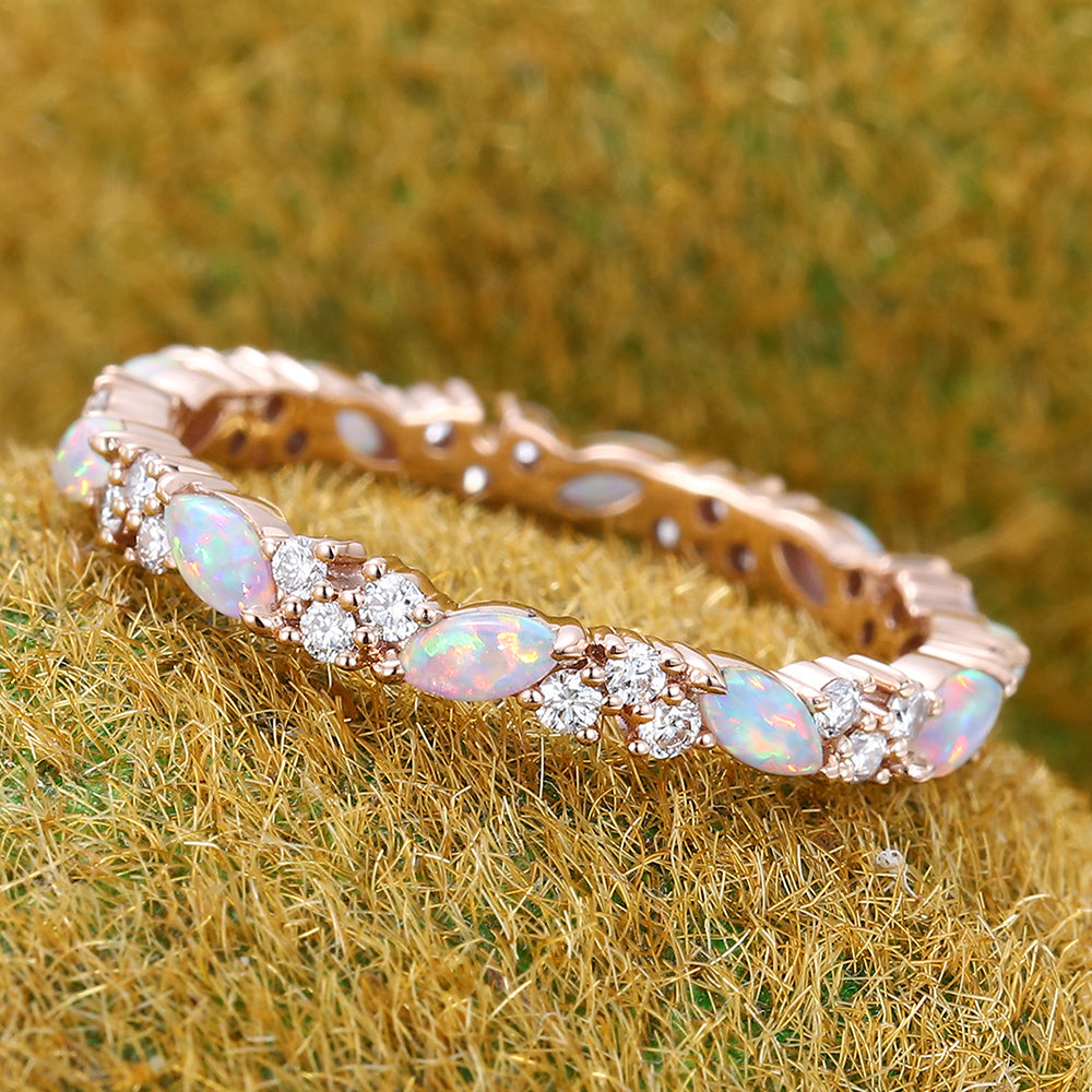 Marquise Opal & Round Moissanite Wedding Band Eternity Ring