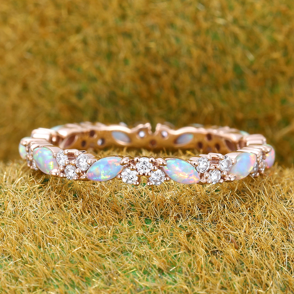 Marquise Opal & Round Moissanite Wedding Band Eternity Ring