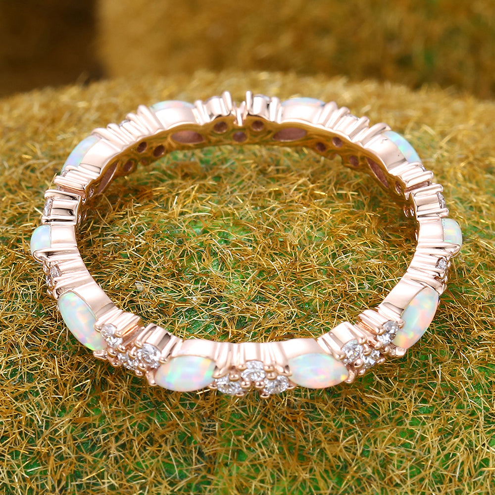 Marquise Opal & Round Moissanite Wedding Band Eternity Ring