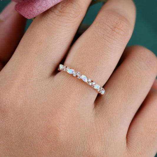 Marquise Opal & Round Moissanite Wedding Band Eternity Ring