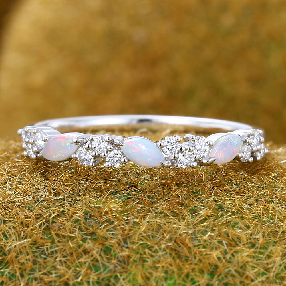 Marquise Opal & Round Moissanite Wedding Band Anniversary Stackable Ring