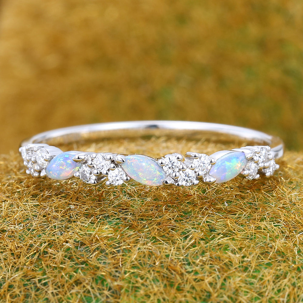 Marquise Opal & Round Moissanite Wedding Band Anniversary Stackable Ring