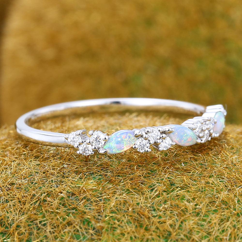 Marquise Opal & Round Moissanite Wedding Band Anniversary Stackable Ring