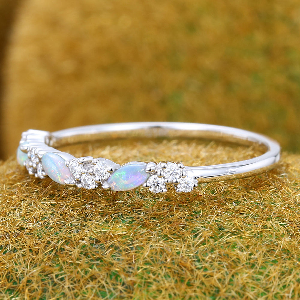 Marquise Opal & Round Moissanite Wedding Band Anniversary Stackable Ring