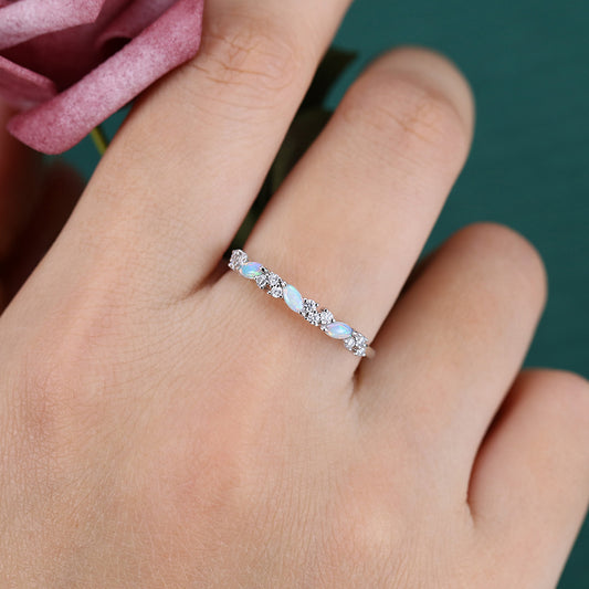 Marquise Opal & Round Moissanite Wedding Band Anniversary Stackable Ring