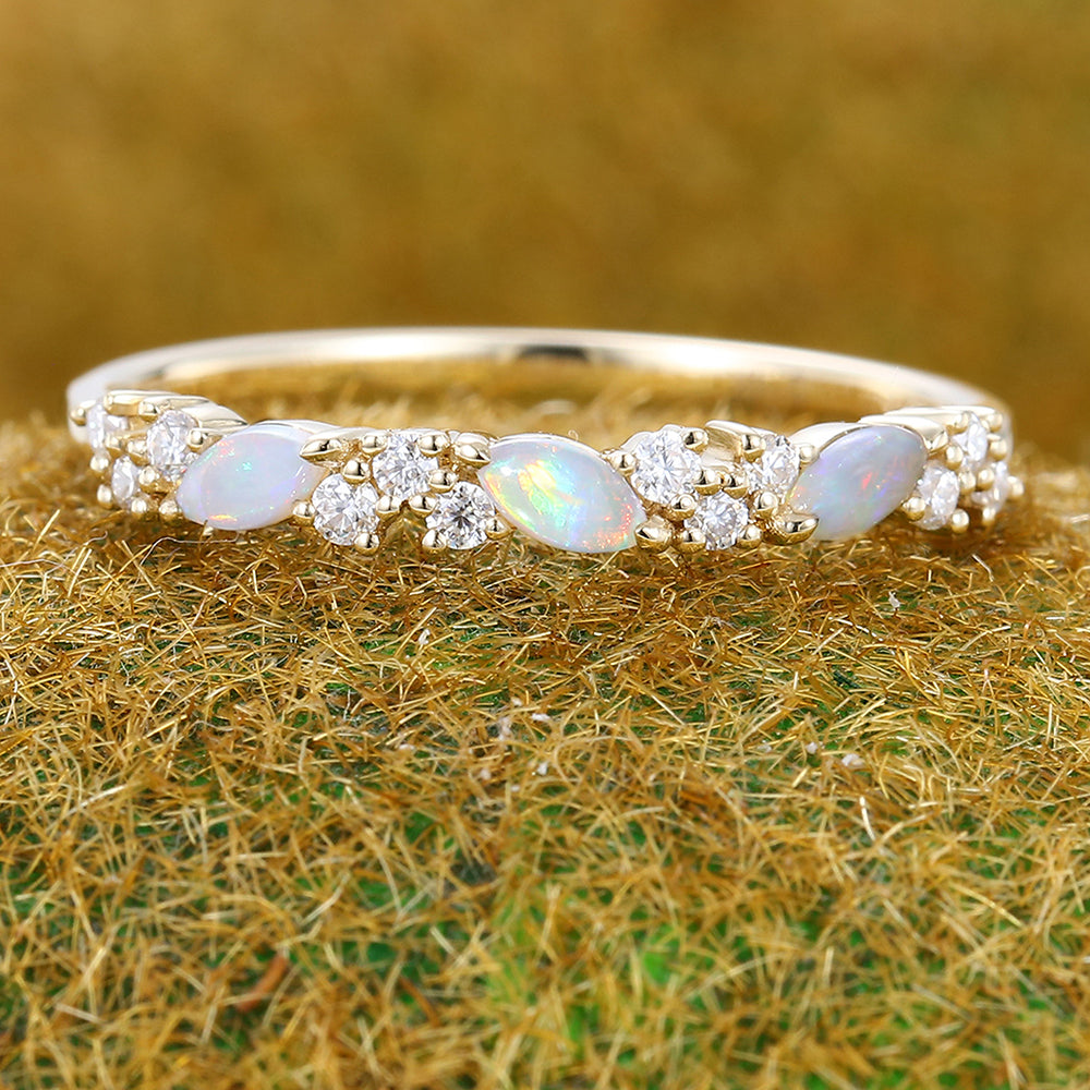 Marquise Opal & Round Moissanite Wedding Band Anniversary Stackable Ring