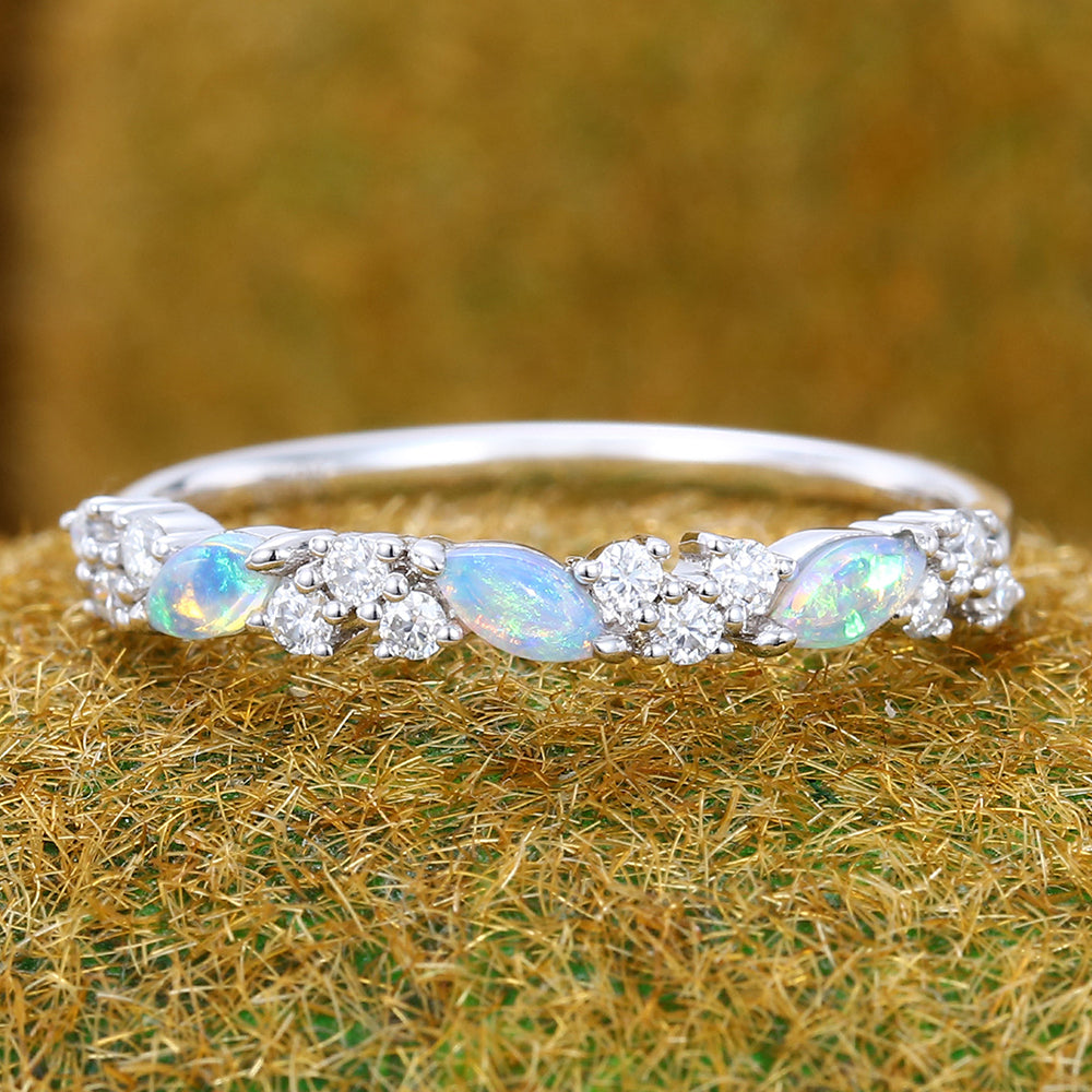Marquise Opal & Round Moissanite Cluster Wedding Band Stacking Anniversary Ring