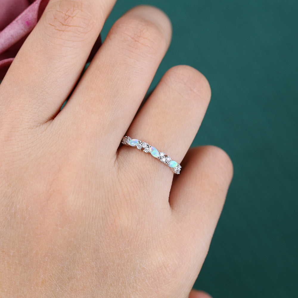 Marquise Opal & Round Moissanite Cluster Wedding Band Stacking Anniversary Ring
