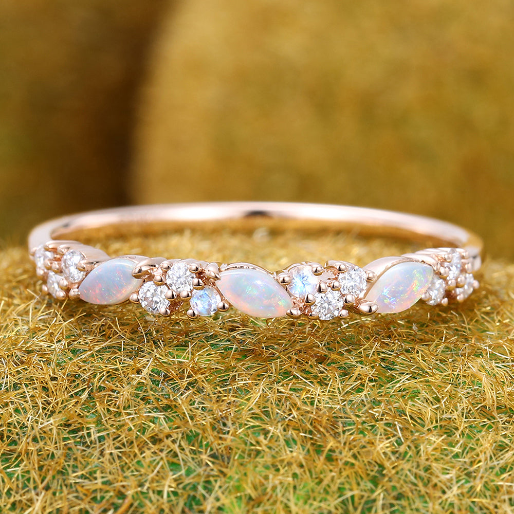 Marquise Opal & Round Moissanite Cluster Wedding Band Stacking Anniversary Ring