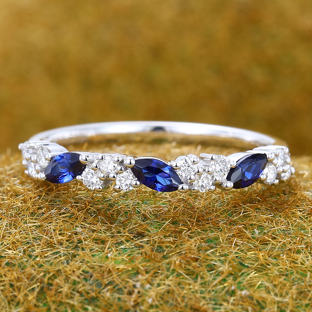 Marquise Sapphire Wedding Band with Petite Moissanite Accents