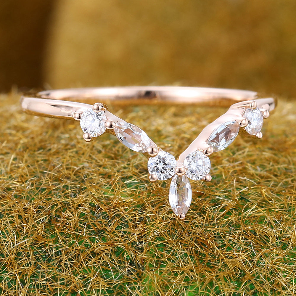 Marquise White Sapphire & Round Moissanite Curved Wedding Band