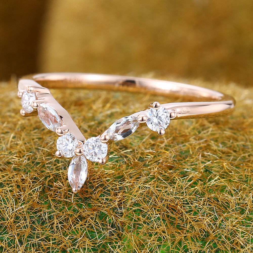 Marquise White Sapphire & Round Moissanite Curved Wedding Band