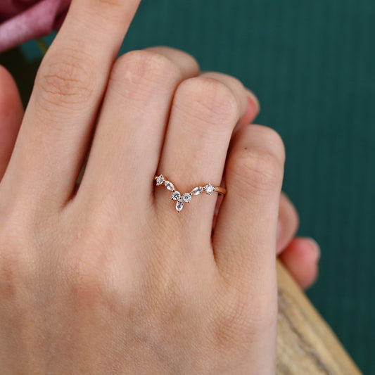 Marquise White Sapphire & Round Moissanite Curved Wedding Band