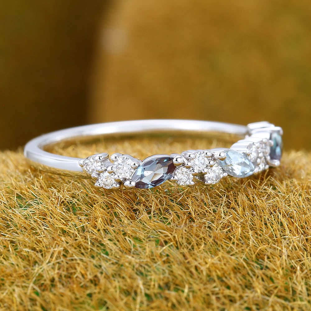 Marquise Aquamarine & Alexandrite Wedding Band with Petite Moissanite Accents