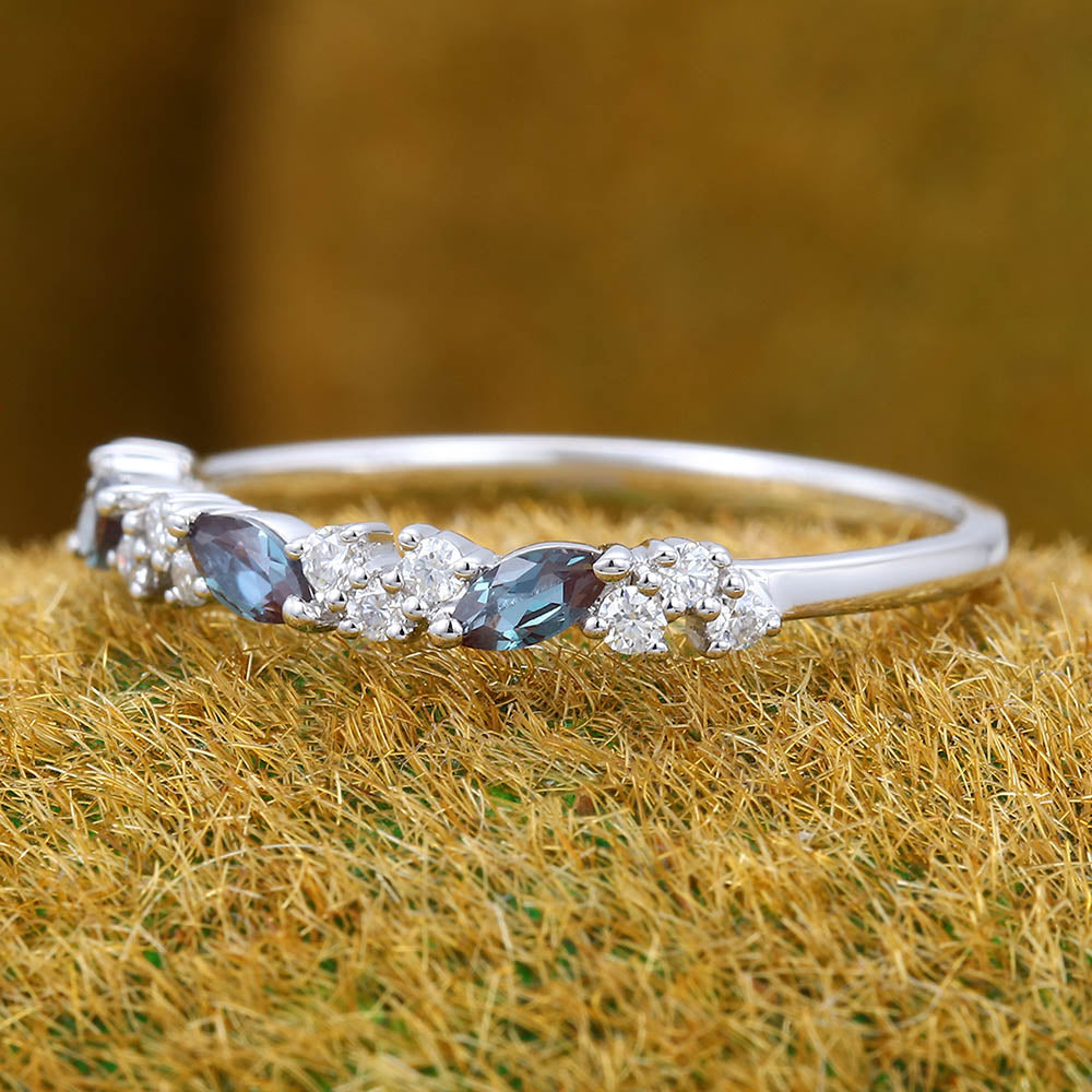 Marquise Alexandrite & Round Moissanite Wedding Band Anniversary Ring
