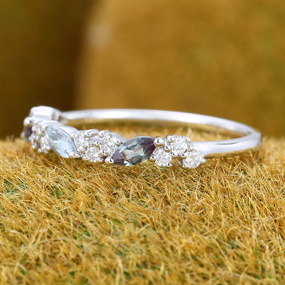 Marquise Aquamarine & Alexandrite Wedding Band with Petite Moissanite Accents