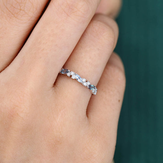 Marquise Aquamarine & Alexandrite Wedding Band with Petite Moissanite Accents