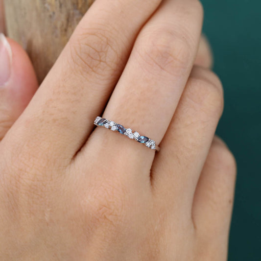 Marquise Alexandrite & Round Moissanite Wedding Band Anniversary Ring
