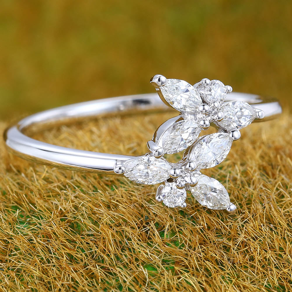 Floral Cluster Marquise & Round Cut Diamond Engagement Ring with Bypass Shank Design