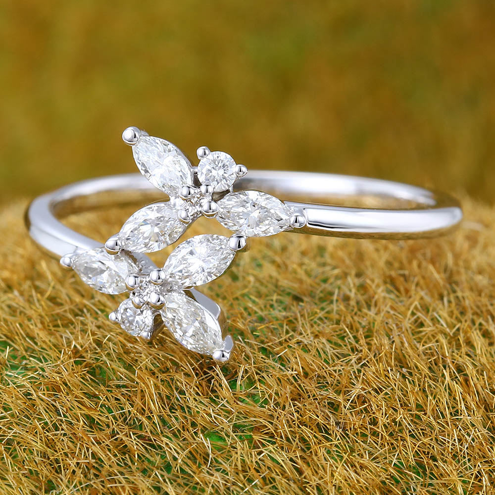 Floral Cluster Marquise & Round Cut Diamond Engagement Ring with Bypass Shank Design