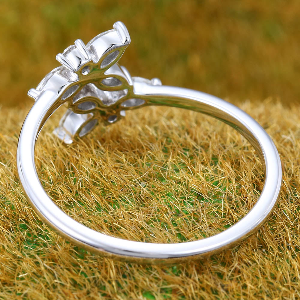 Floral Cluster Marquise & Round Cut Diamond Engagement Ring with Bypass Shank Design