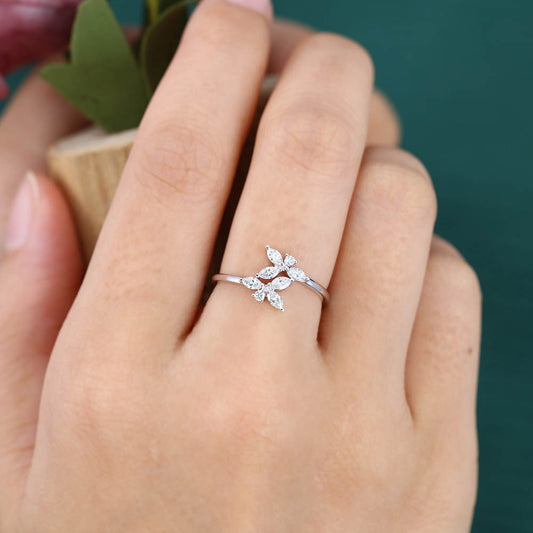 Floral Cluster Marquise & Round Cut Diamond Engagement Ring with Bypass Shank Design