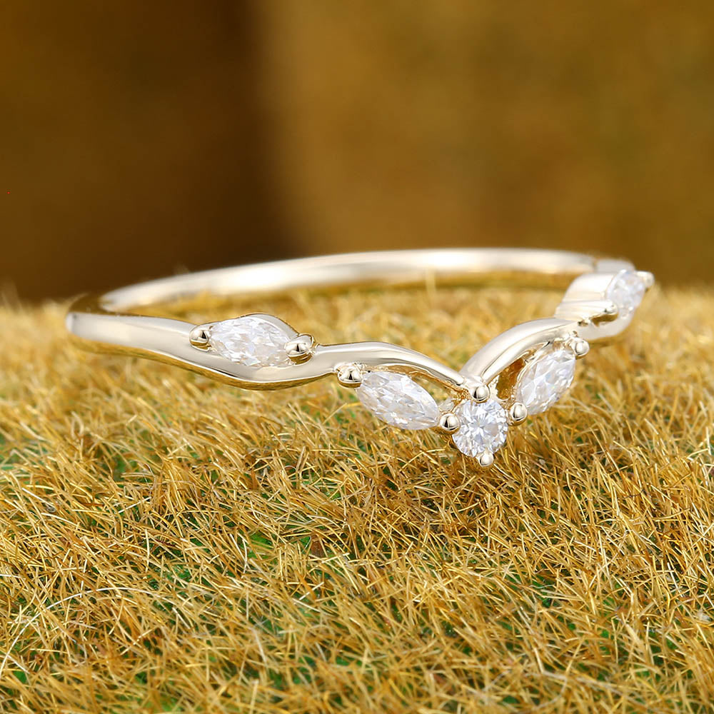 Filigree Marquise & Round Moissanite Curved Wedding Band Bridal Stacking Ring