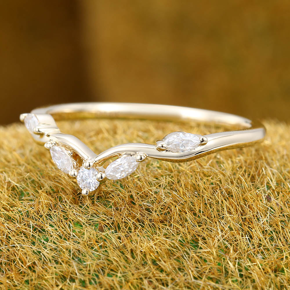 Filigree Marquise & Round Moissanite Curved Wedding Band Bridal Stacking Ring