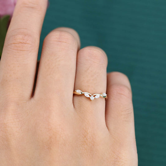 Filigree Marquise & Round Moissanite Curved Wedding Band Bridal Stacking Ring