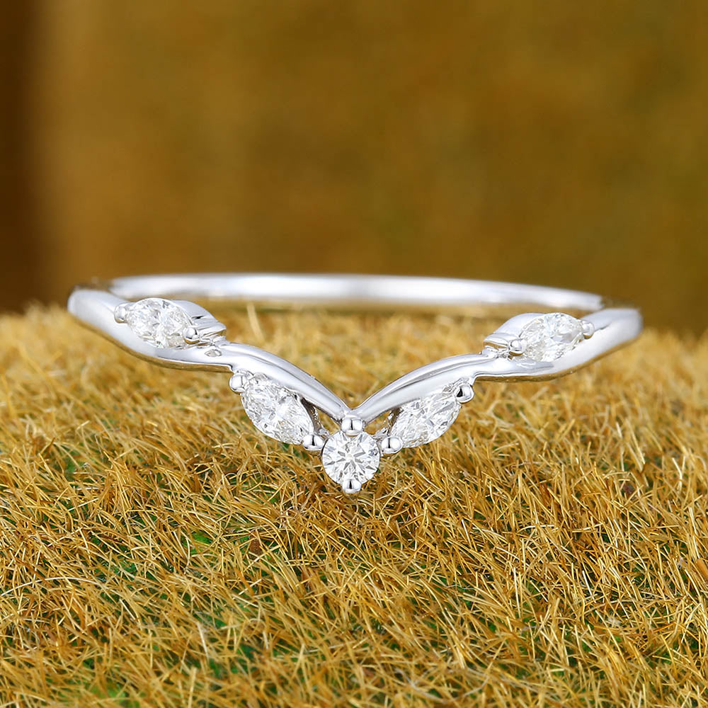 Filigree Marquise & Round Moissanite Curved Wedding Band Bridal Stacking Ring