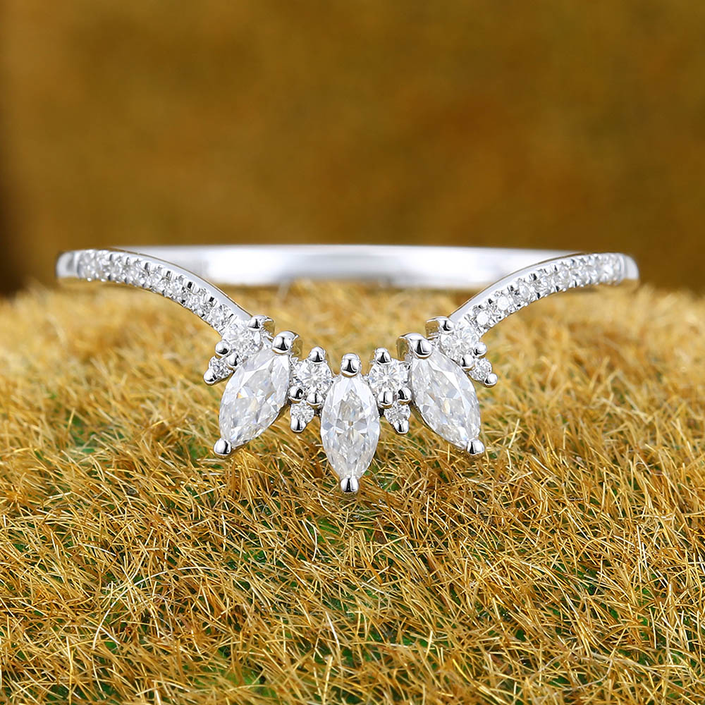 Pavé & Cluster Petite Moissanite Curved Wedding Band Bridal Stacking Ring