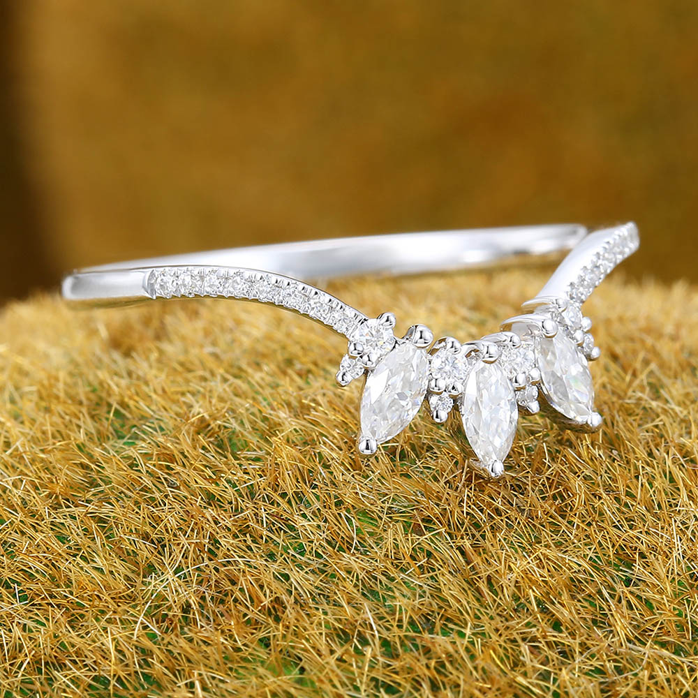 Pavé & Cluster Petite Moissanite Curved Wedding Band Bridal Stacking Ring