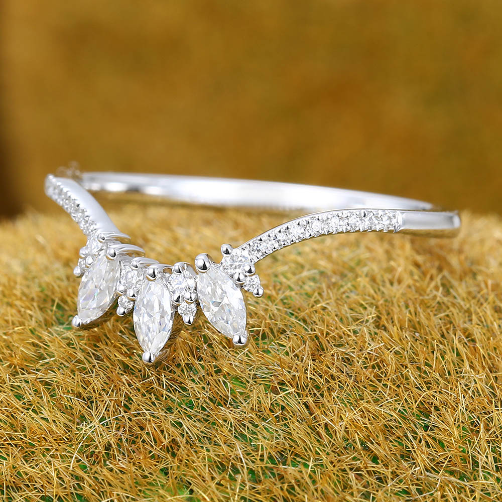 Pavé & Cluster Petite Moissanite Curved Wedding Band Bridal Stacking Ring